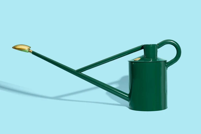 Deep green metal watering can with a brass spout